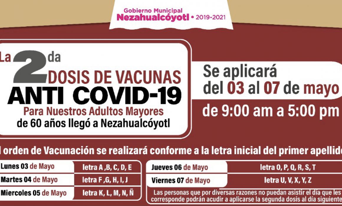 El 3 de mayo inicia aplicación de segunda dosis de vacuna Covid en Neza