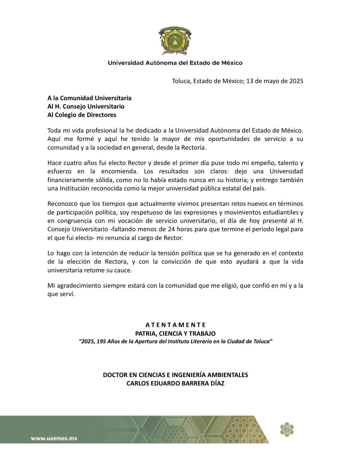 Comunicado del rector de la UAEMex