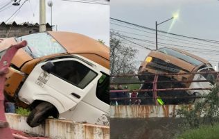 Impacta colectiva en puente en Chicoloapan; estuvo a punto de caer al río