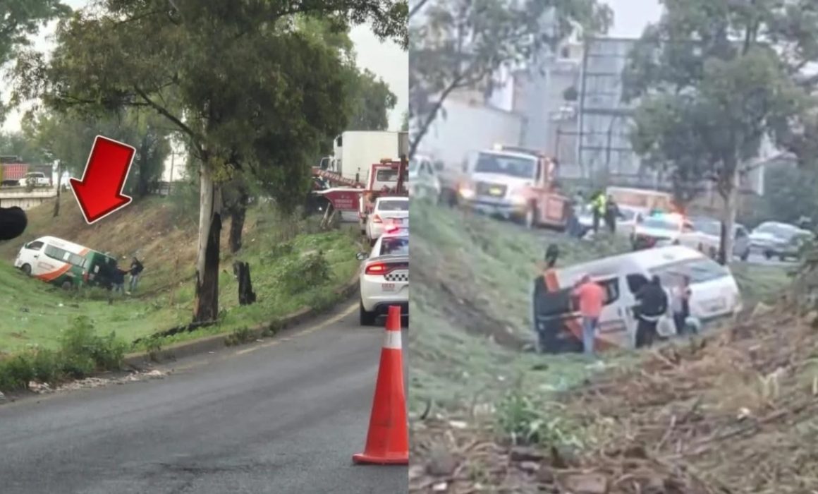 Cae unidad de transporte público en canaleta de Texcoco-Lechería
