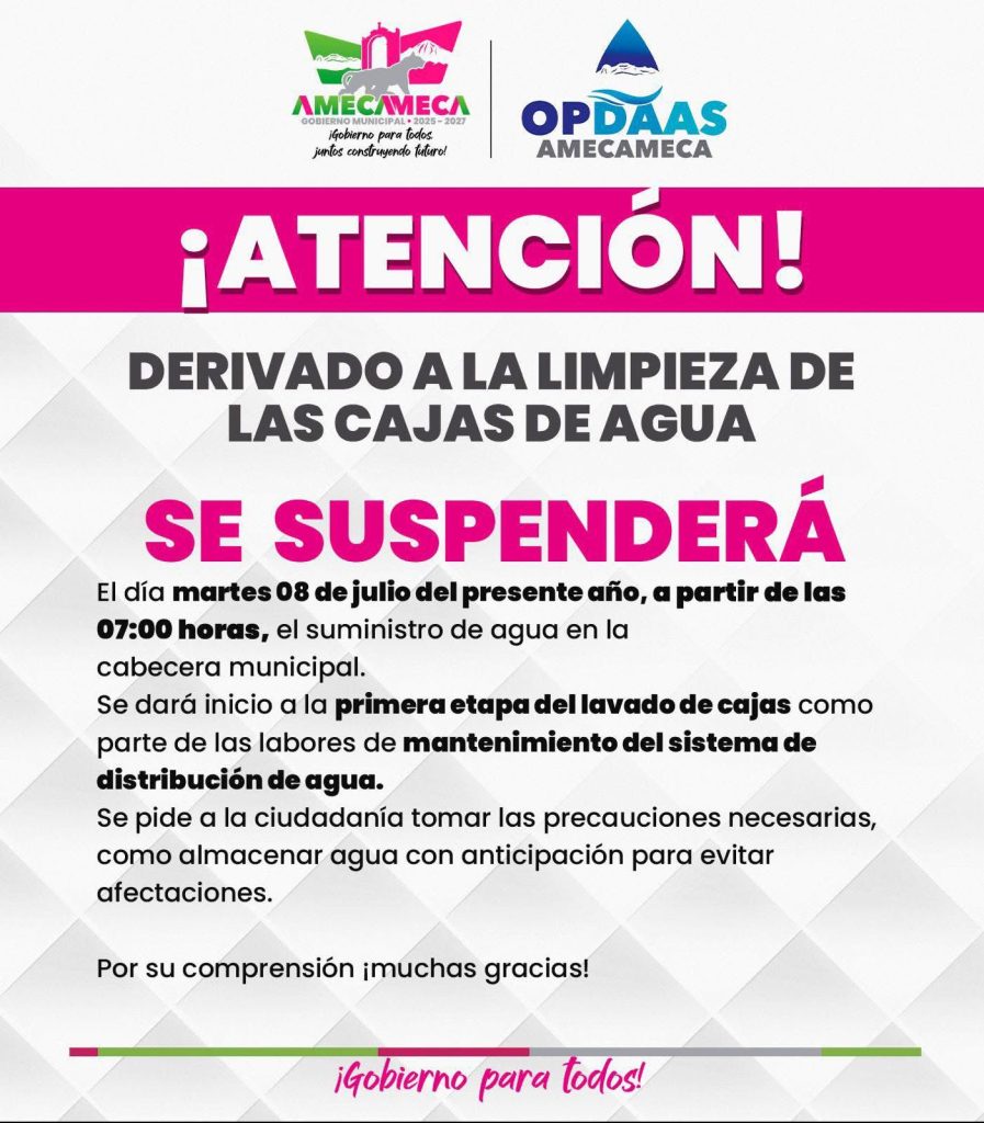 Anuncia Gobierno de Amecameca suspensión de agua potable 
FOTO: Fundación Aquae