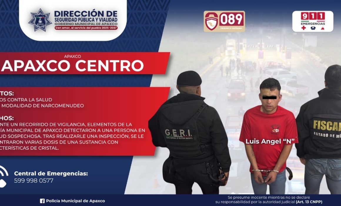 Aseguran a sujeto con cristal y orden de reaprehensión en Apaxco