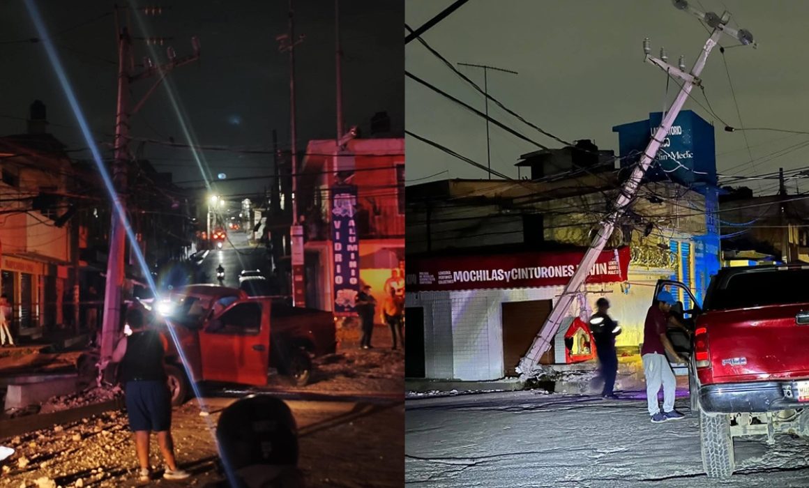 Choca camioneta contra poste y deja sin luz varias calles en Ixtapaluca