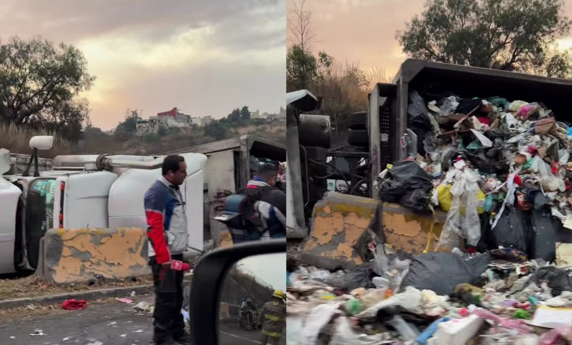 Genera caos vial volcadura de camión de basura en Nicolás Romero