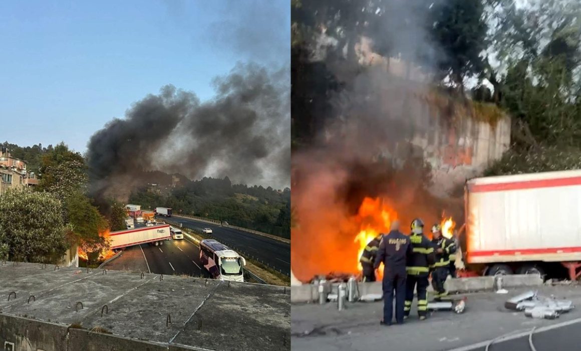 Se incendia tráiler tras choque en la autopista México-Toluca