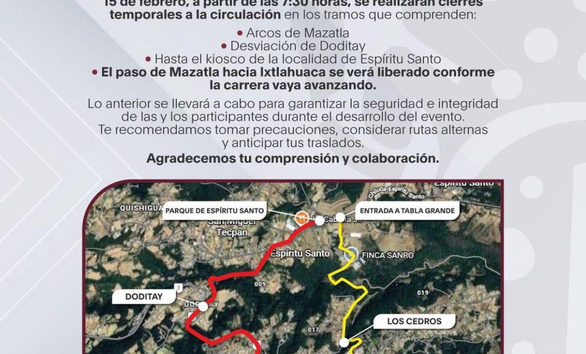 Anuncia Ayuntamiento de Jilotzingo cierres viales por carrera
