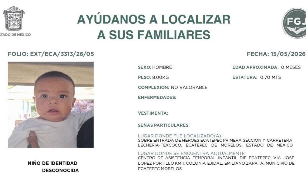 Buscan a familiares de bebé localizado en Ecatepec