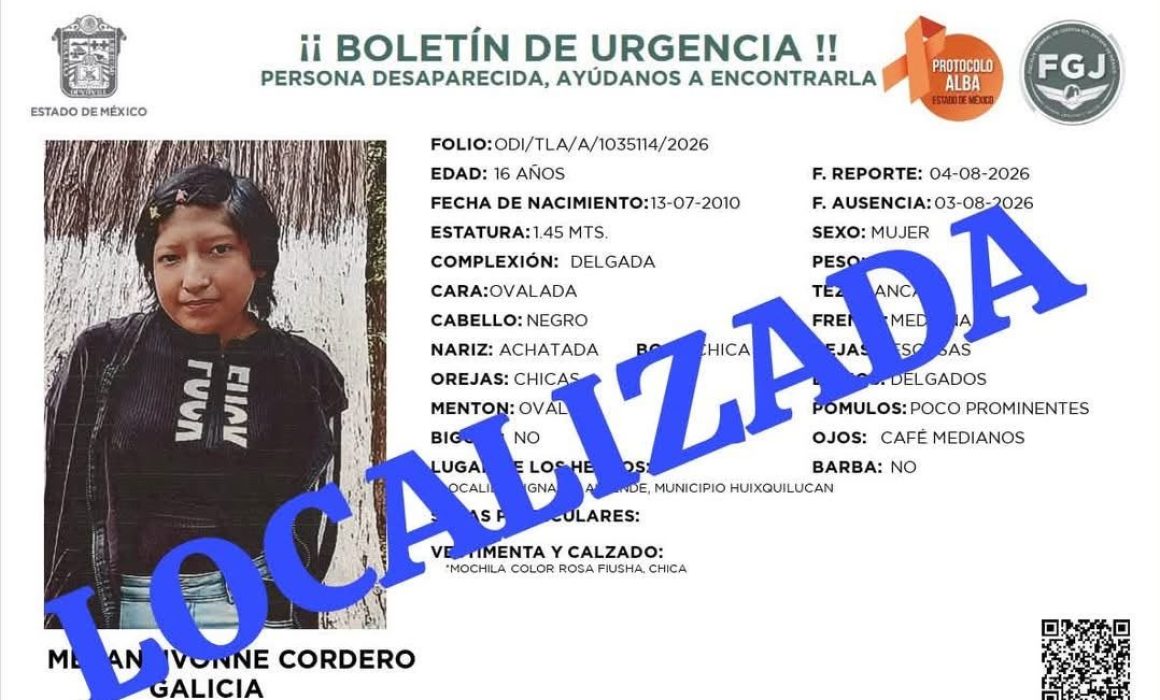Reporta Huixquilucan localización con vida de adolescente desaparecida