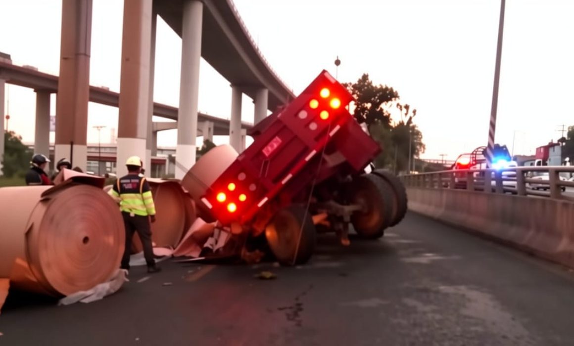 Vuelca tráiler con rollos de papel en la México-Puebla