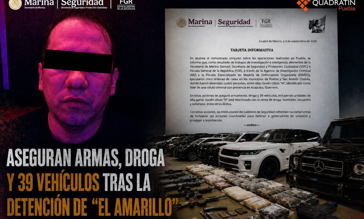 Aseguran 39 vehículos y armas tras captura de El Amarillo en Puebla