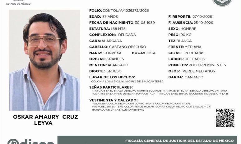 Activa la FGJEM ficha de búsqueda de Oskar Cruz perdido en Zinacantepec