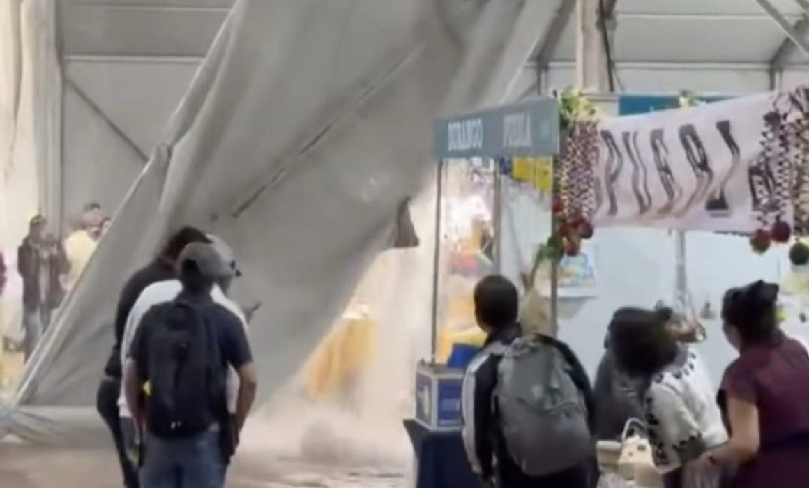 Cede lona de pabellón artesanal durante lluvia en Chapingo