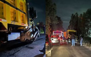 Chocan camión de carga y transporte público en Chalco-Tláhuac