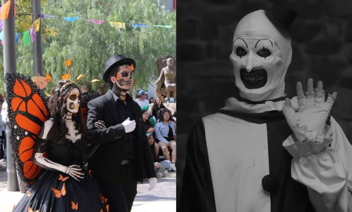 Conquista Día de Muertos las compras frente a los disfraces de Halloween