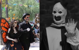 Conquista Día de Muertos las compras frente a los disfraces de Halloween
